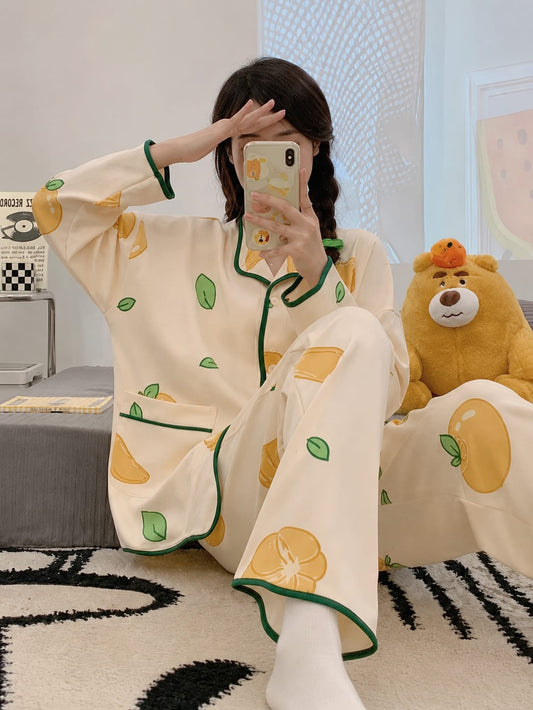 Off White Orange & Leaf Printed Button Pjs