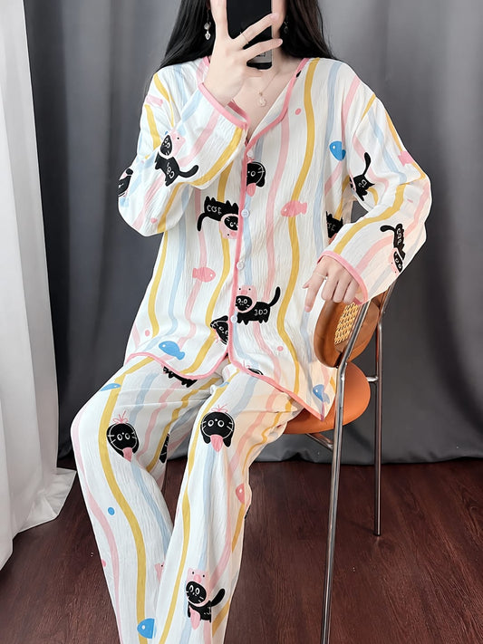 Off White Cartoon Cat Printed Button Pjs