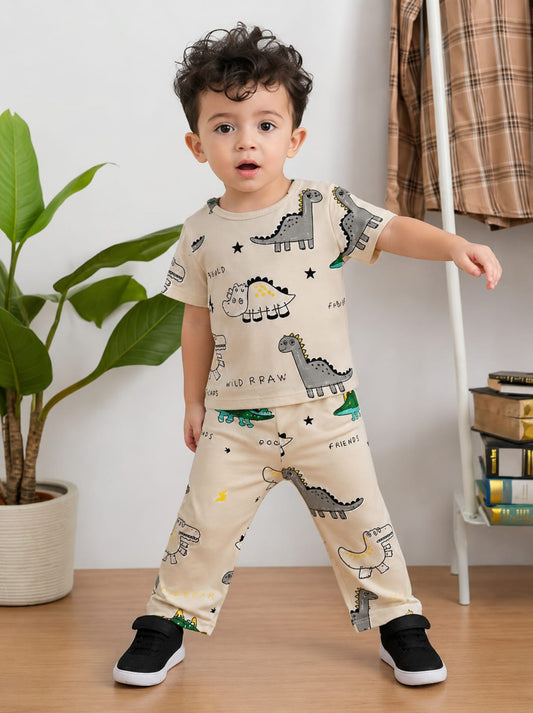 Beige Dinosaur Print Half Sleeves Kids Suit