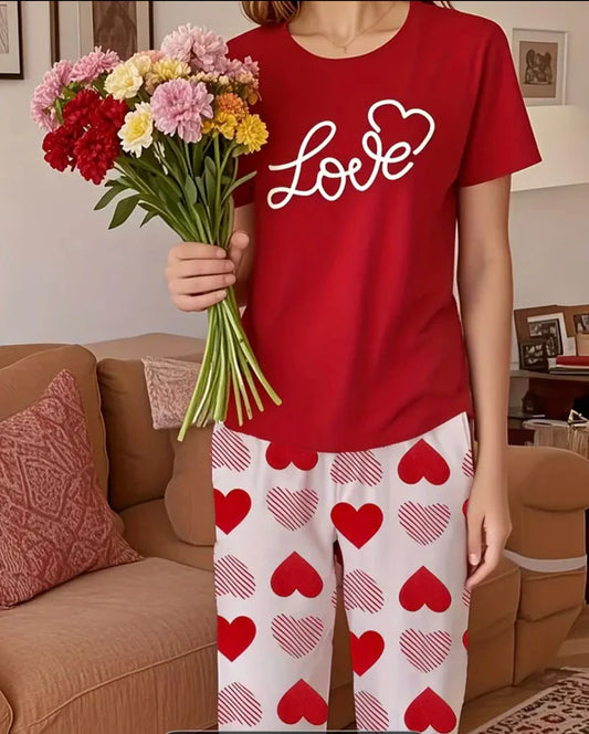 Red Love Half Sleeves Printed Night Suit