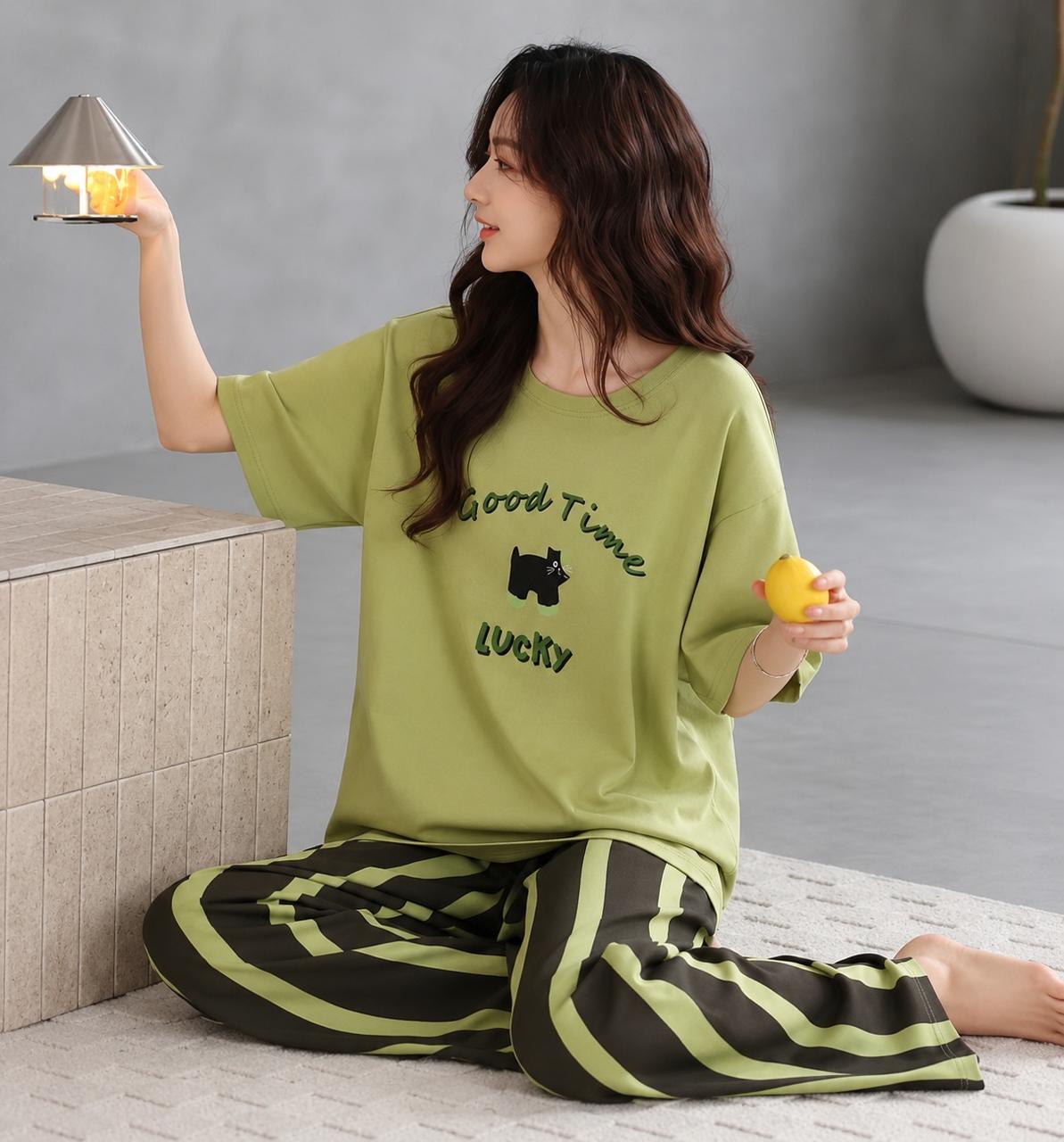 Olive Green Cat Print Pajama Set