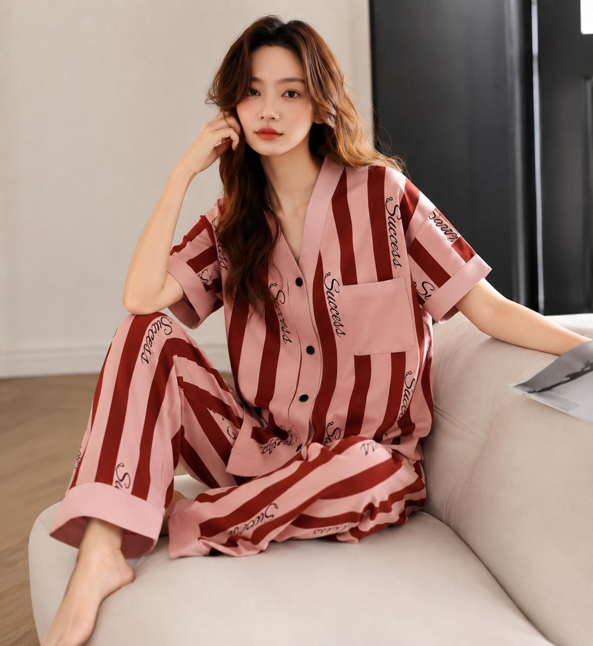 Rosewood Stripe Printed Button Pjs