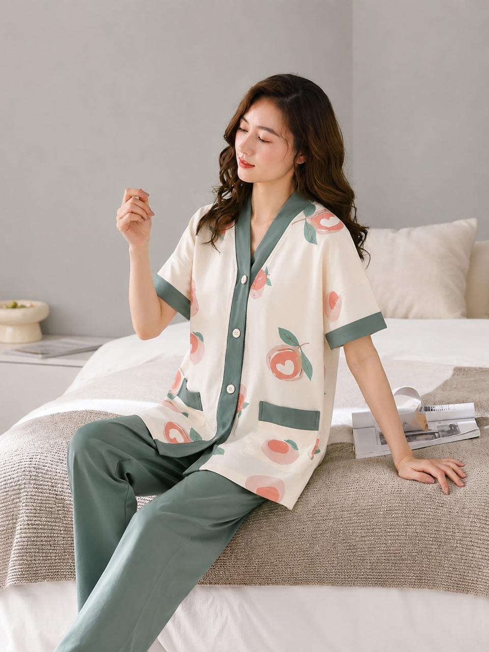 Ivory Green Peach Blossom Printed Button Pjs
