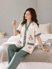 Ivory Green Peach Blossom Printed Button Pjs