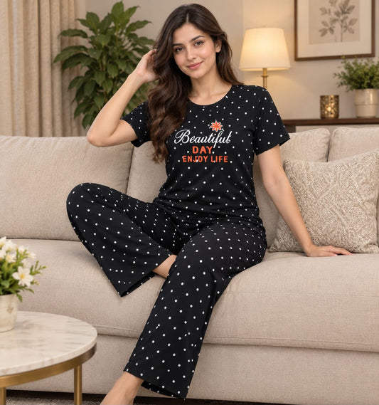 Black Beautiful Day Polka Printed Night Suit