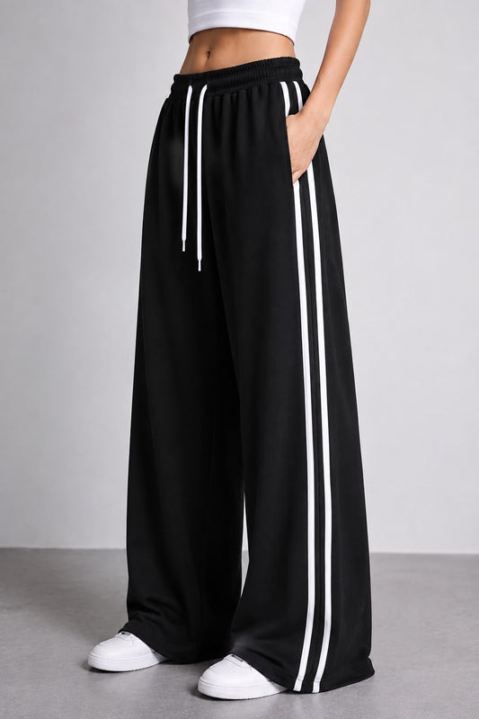 Wide-Leg Double Striped Track Pants – Black