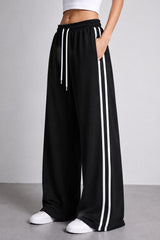 Wide-Leg Double Striped Track Pants – Black