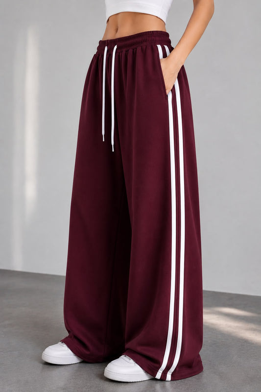 Wide-Leg Double Striped Track Pants – Maroon