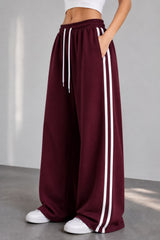 Wide-Leg Double Striped Track Pants – Maroon