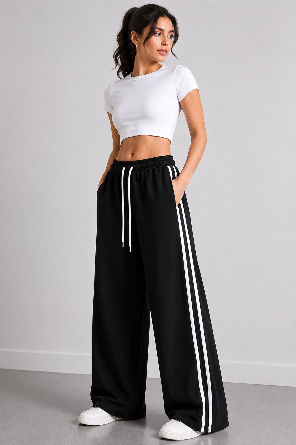 Wide-Leg Double Striped Track Pants – Black