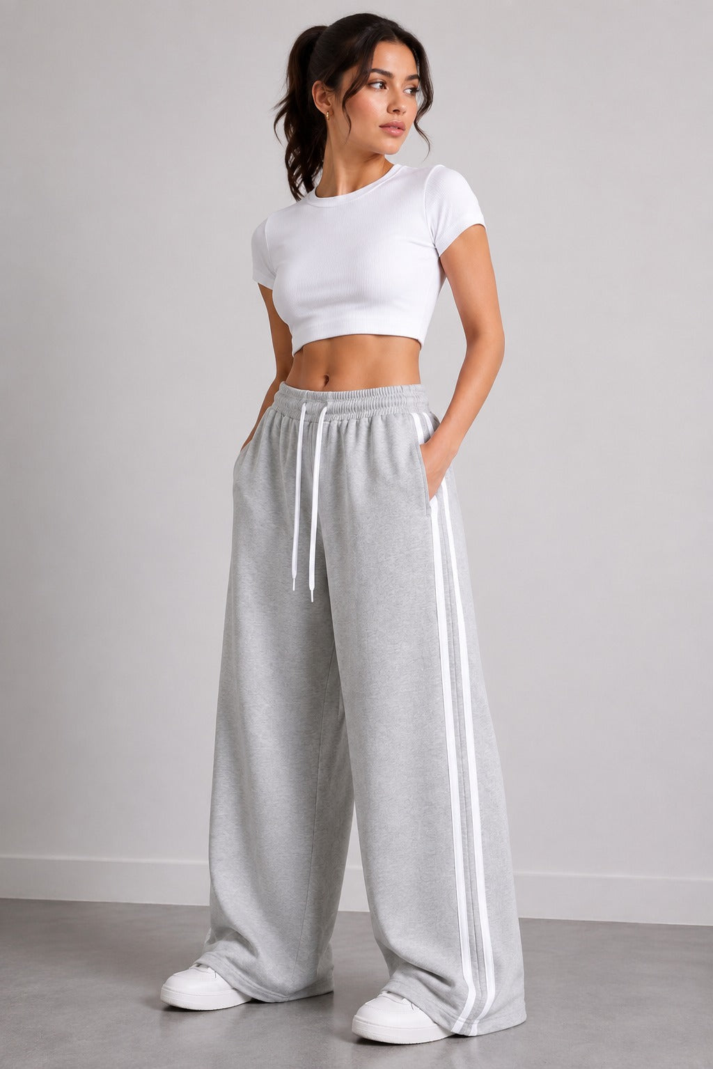 Wide-Leg Double Striped Track Pants – Grey