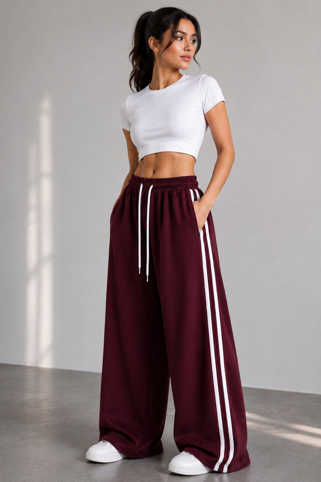 Wide-Leg Double Striped Track Pants – Maroon
