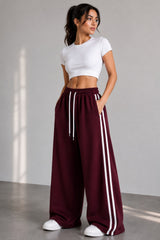 Wide-Leg Double Striped Track Pants – Maroon
