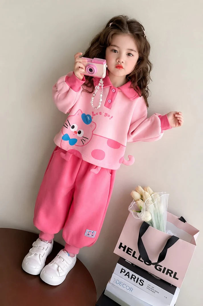 Pink Cute Cat Print Kids Track suit