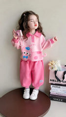 Pink Cute Cat Print Kids Track suit
