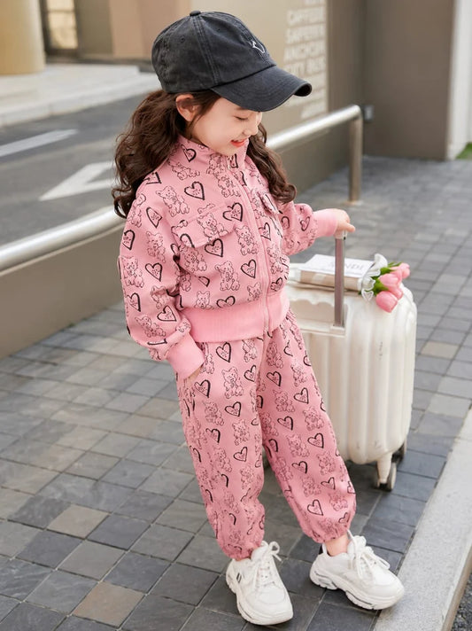 Pink Teddy Bear Heart Print Track suit