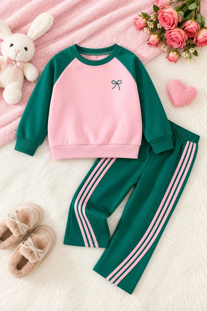 Pink With Green Sleeves Small Bow Printed Track Suit