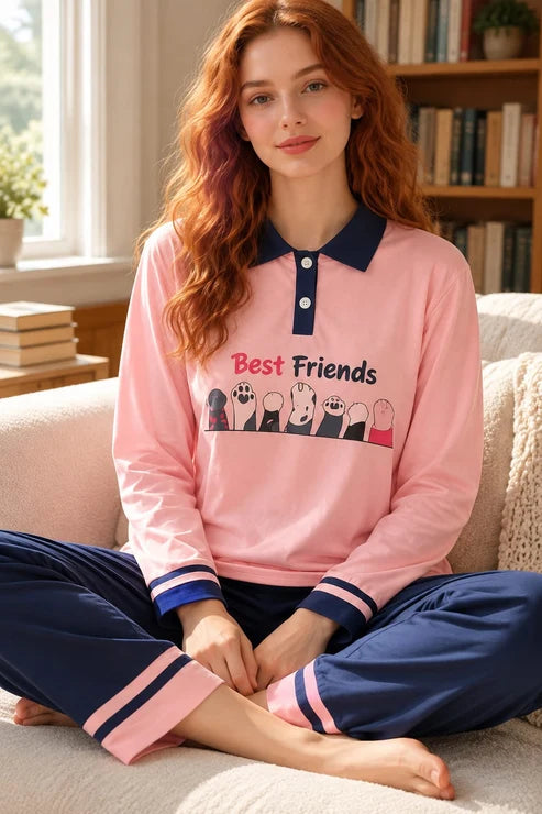 Best Friends Pink & Navy Polo Night Suit