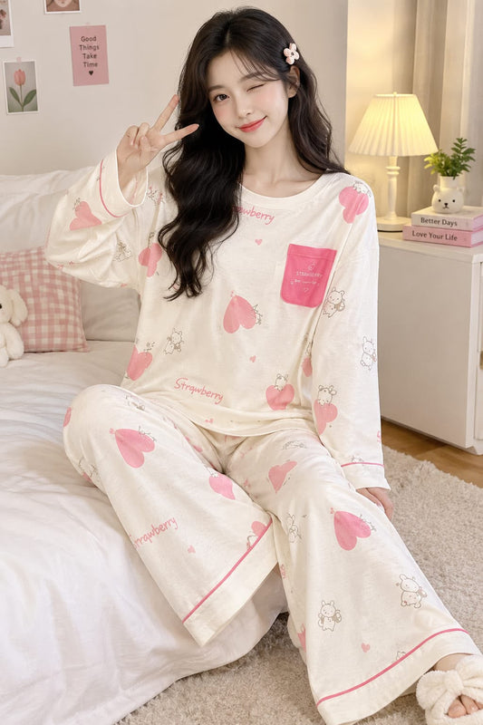 Off White Strawberry Bunny Printed Night Suit
