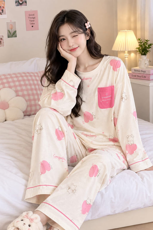 Off White Strawberry Bunny Printed Night Suit