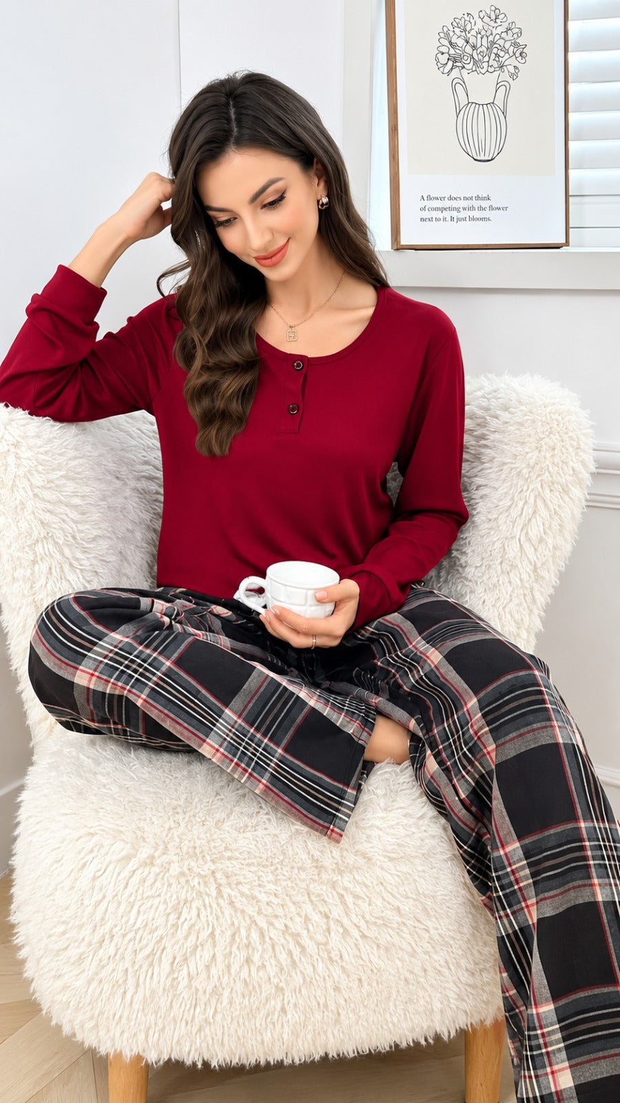 Maroon Button Neck With Black Check Trouser Night Suit