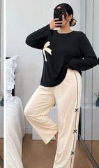 Black Bow Printed Shirt With Cream Trouser Night Suit
