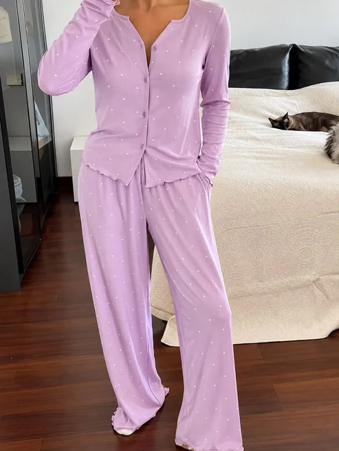 Light Purple Dotted Button Printed Night Suit
