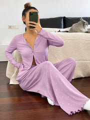 Light Purple Dotted Button Printed Night Suit