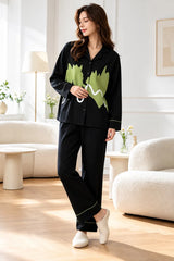 Black & Green Abstract Printed Button Night Suit