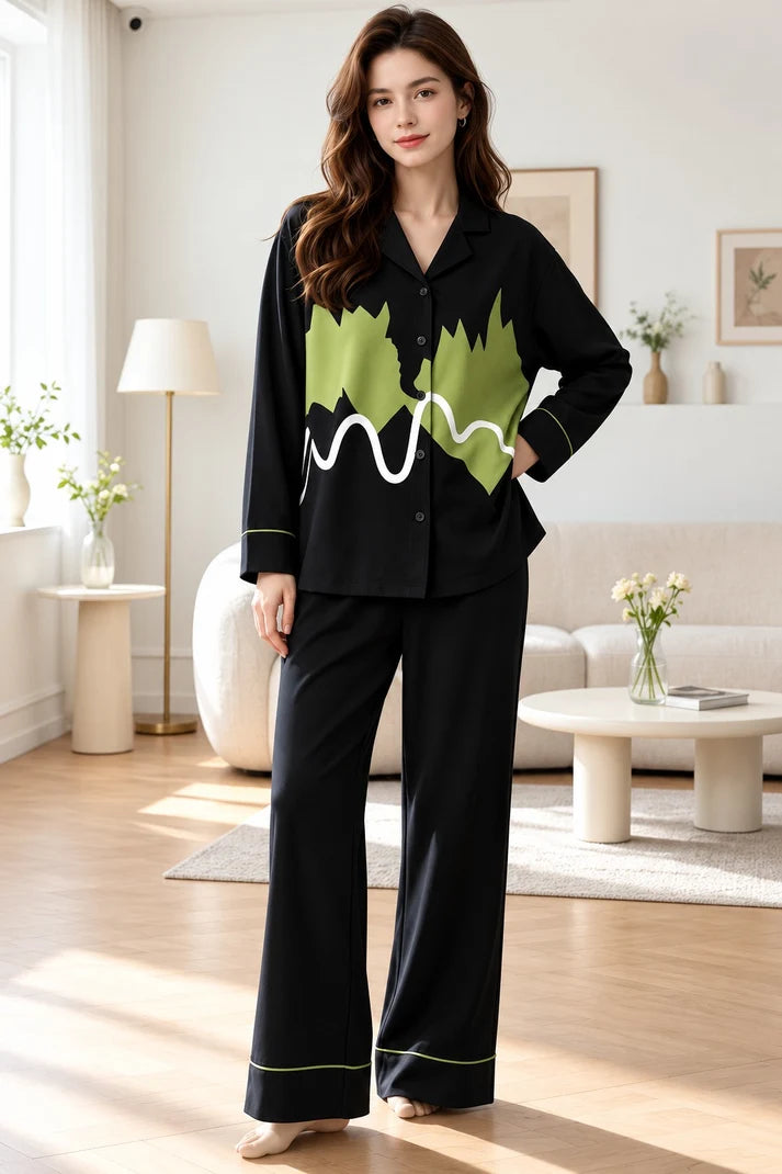 Black & Green Abstract Printed Button Night Suit
