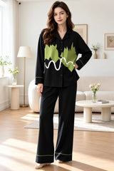 Black & Green Abstract Printed Button Night Suit