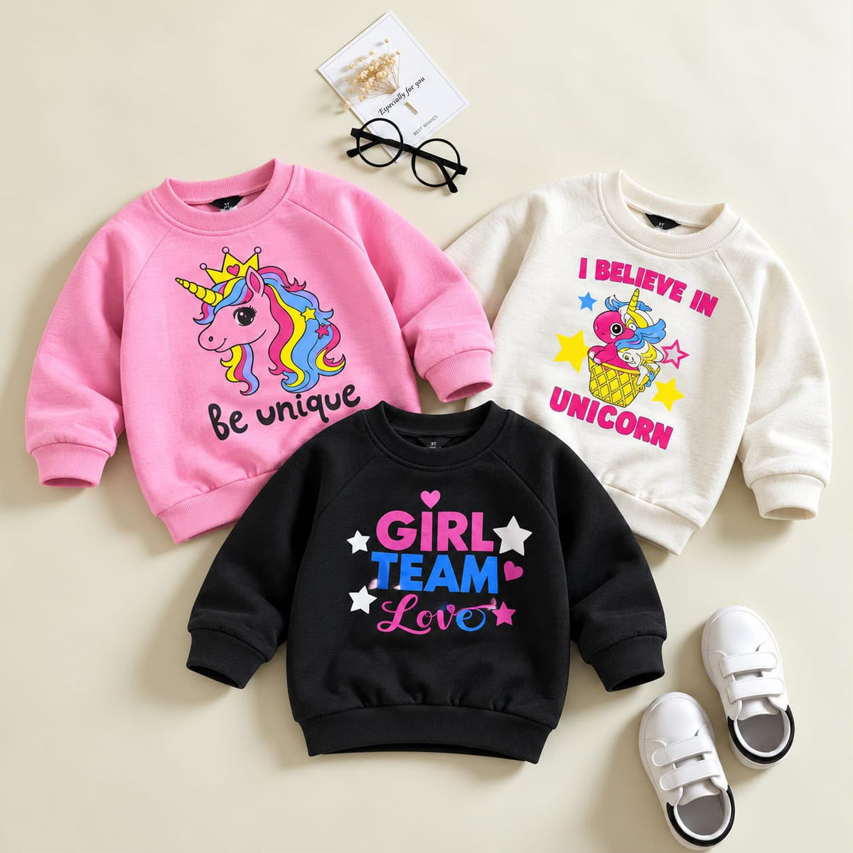 Unicorn & Girl Power Printed Kids Sweatshirts - Pack of 3