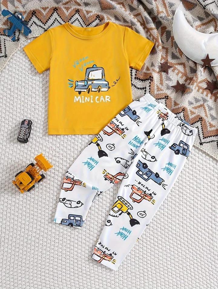 Yellow Mini Car Printed Half Sleeves T-Shirt with White Cars Printed Pajama For Kids (KO-603)