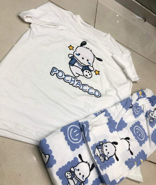 White Pochacco Print Half Sleeves Printed Night Suit