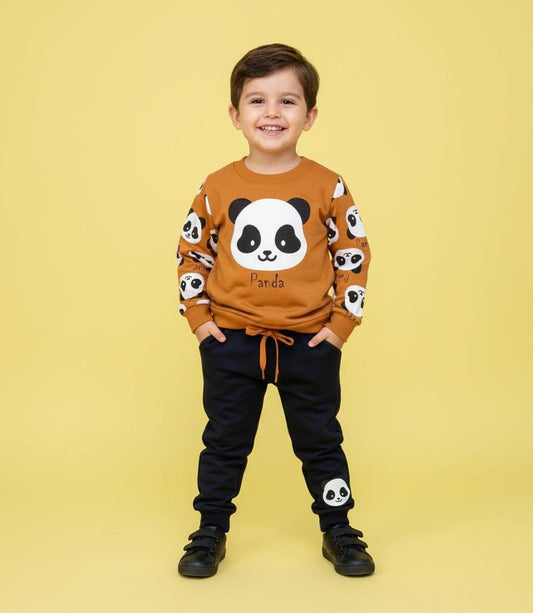 Brown White Panda Printed Kids Track Suit
