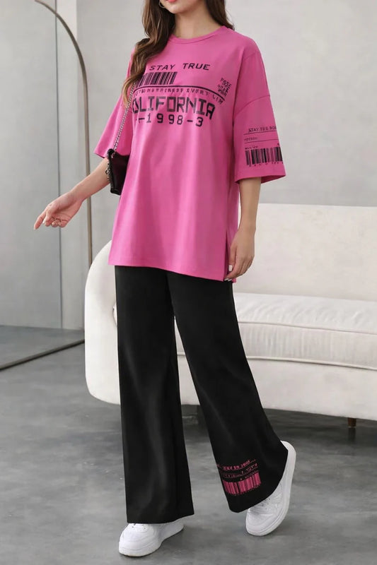 Shoking Pink Oversized California Printed Shirt With Plazzo Trouser