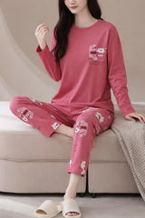 Shocking pink Sleepy bear with bear Printed Pajama Full Sleeves Night Suit