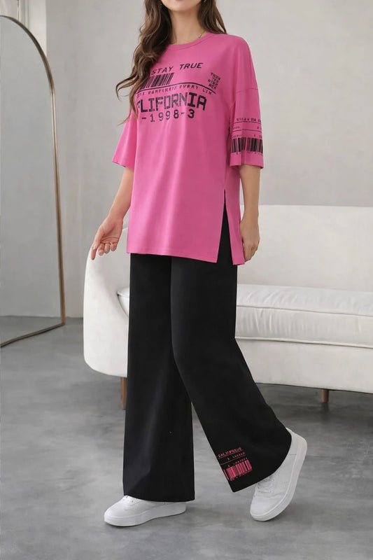 Shoking Pink Oversized California Printed Shirt With Plazzo Trouser
