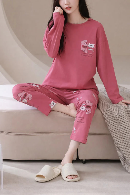 Shocking pink Sleepy bear with bear Printed Pajama Full Sleeves Night Suit