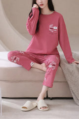 Shocking pink Sleepy bear with bear Printed Pajama Full Sleeves Night Suit
