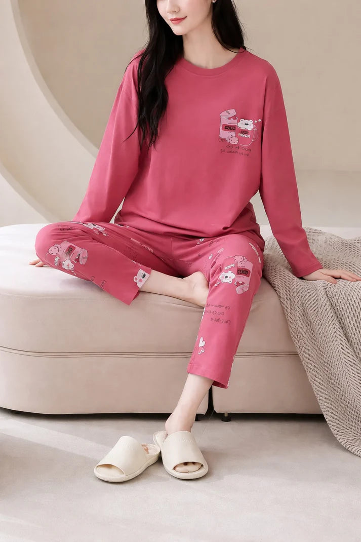 Shocking pink Sleepy bear with bear Printed Pajama Full Sleeves Night Suit