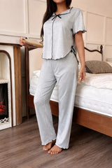 Hazel Grey Ribbon-Tie Short Sleeve Pajama Set