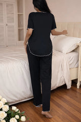 Black Ribbon-Tie Short Sleeve Pajama Set