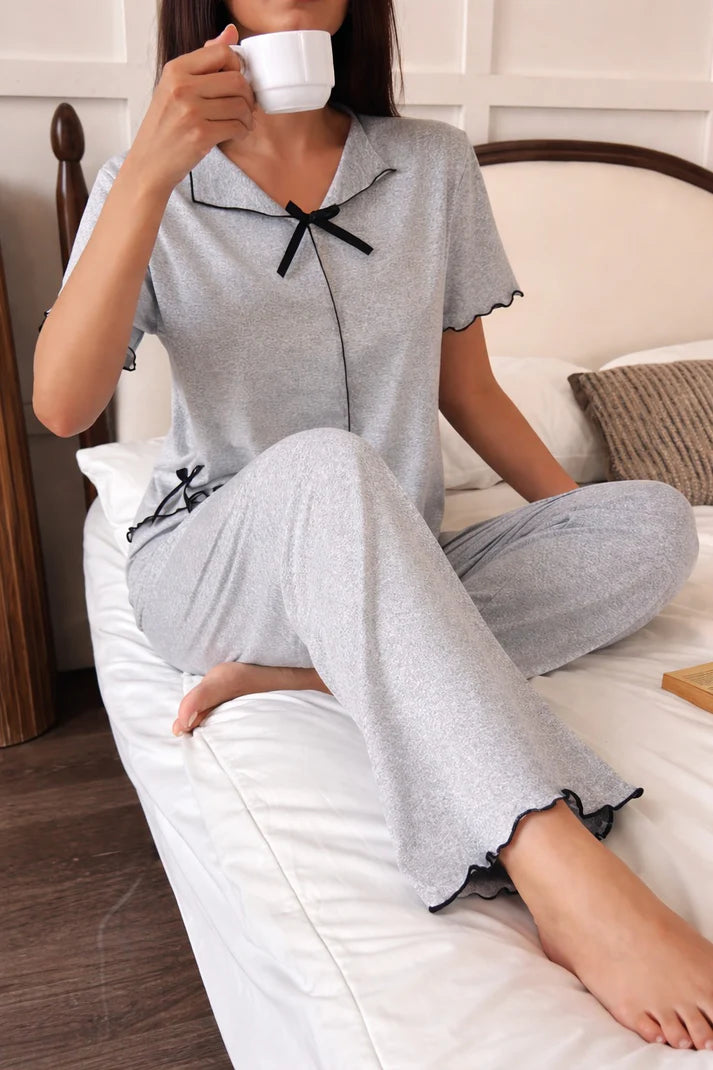 Hazel Grey Ribbon-Tie Short Sleeve Pajama Set