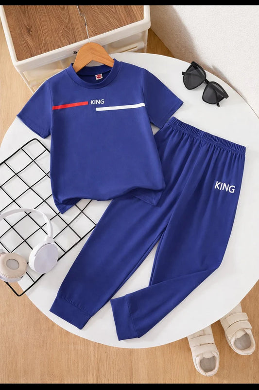 Blue King Printed Half sleeves kids suit