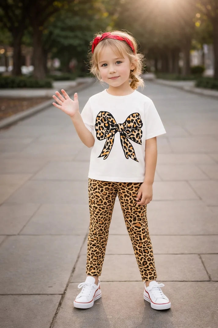 Off white Cheetah BOW Printed T shirt with cheeta pajama kids suit