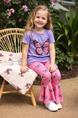 Purple Big butterfly printed half sleeves t shirt with butterfly printed pjs kids suit