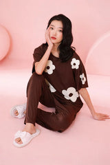Dark Brown All over BIG White flower Night Suit