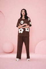 Dark Brown All over BIG White flower Night Suit
