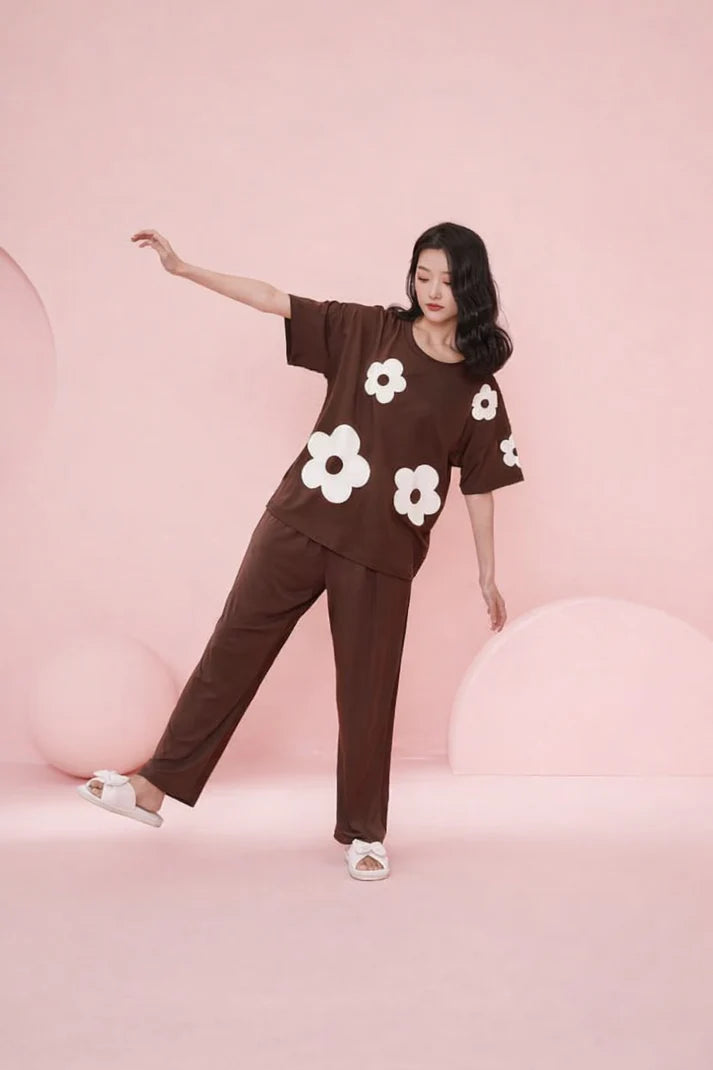 Dark Brown All over BIG White flower Night Suit